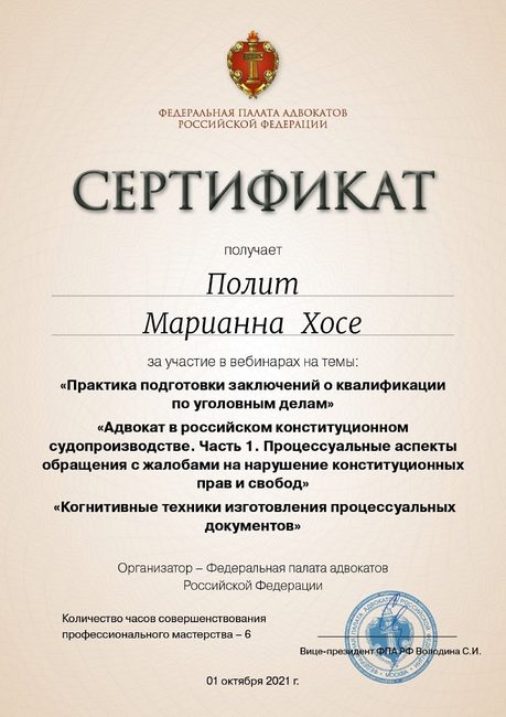 Заключения по уголовным делам и конституционное судопроизводство — повышение квалификации адвоката Полит Марианны