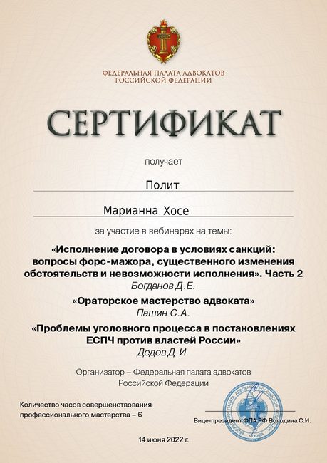 Договоры в условиях санкций и проблемы уголовного процесса — повышение квалификации адвоката Полит Марианны